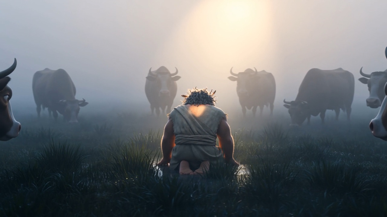 The king kneels in a shaft of morning light among the cattle