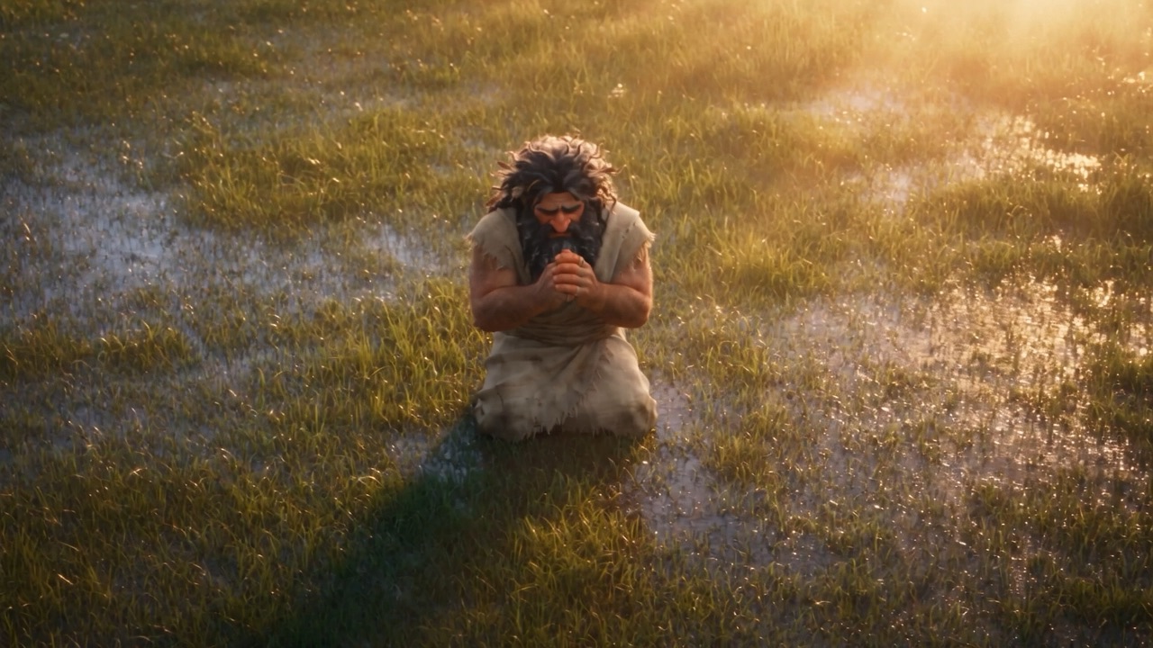The king kneels in the dewy grass, praying
