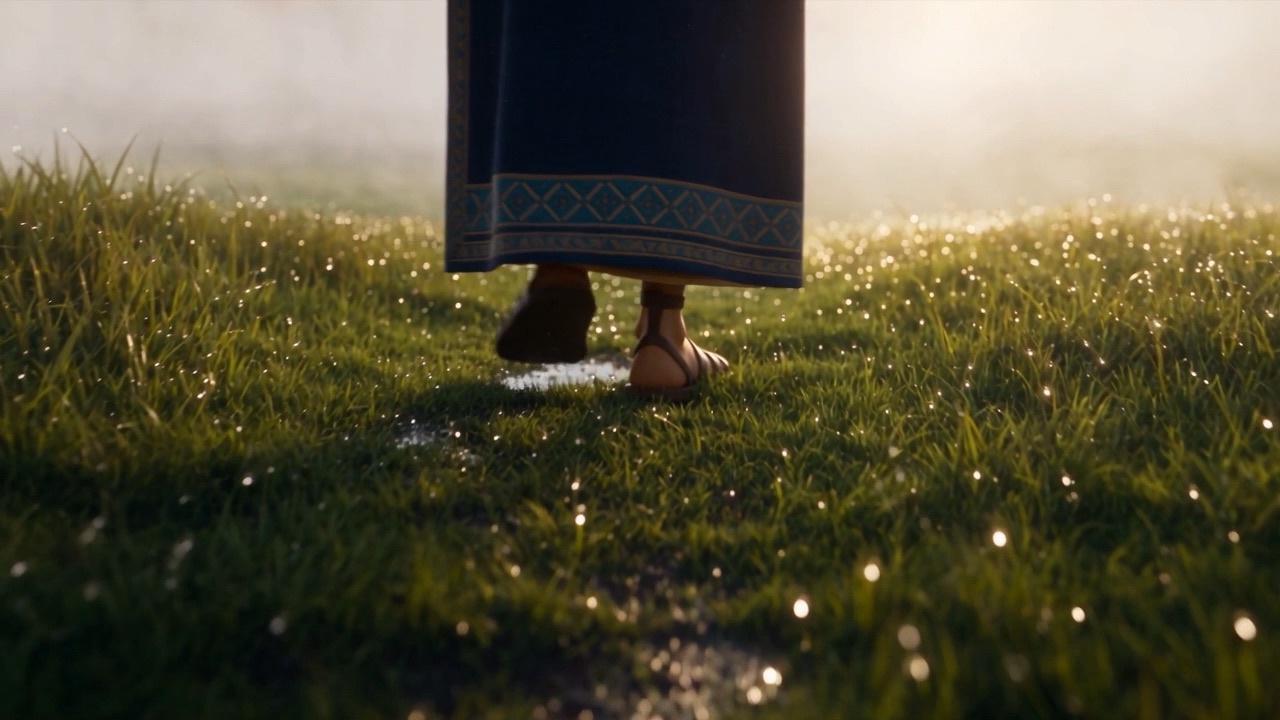 Daniel walks alone through the wet grass toward him