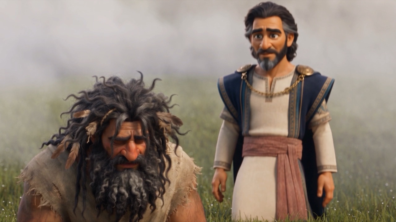 The wild-haired king looks up — and knows him