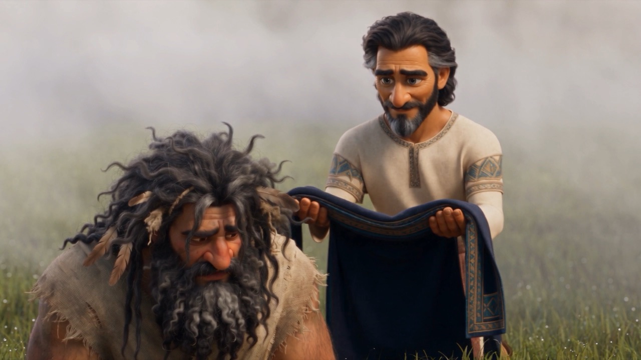 Daniel takes off his own cloak and holds it out