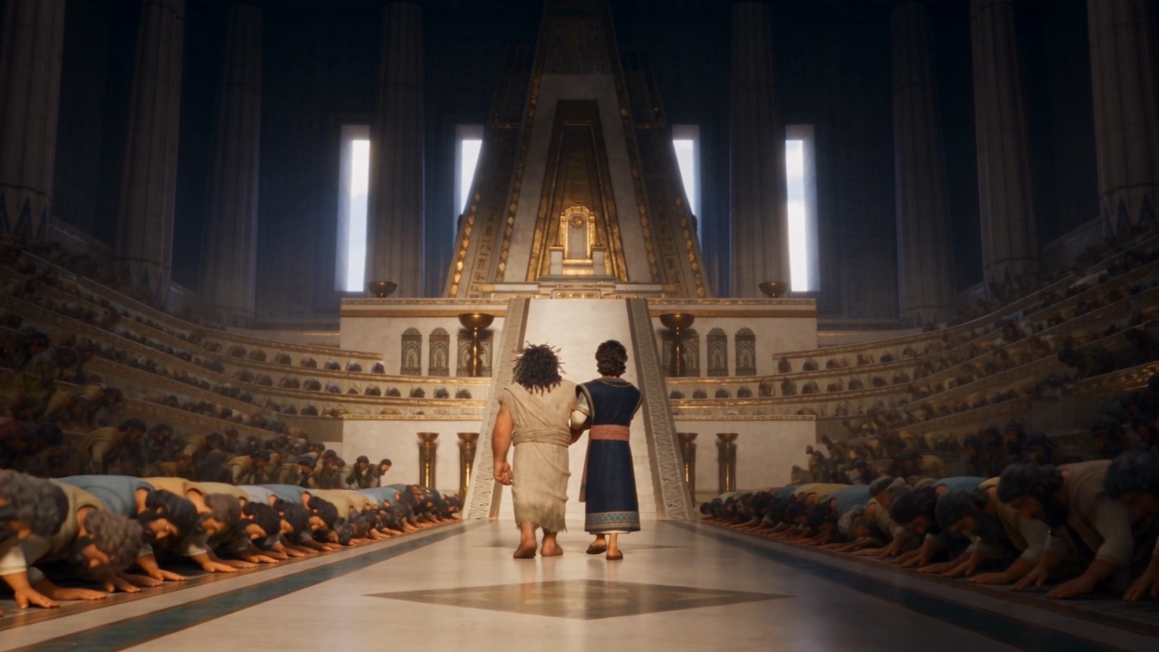 Daniel walks him up the aisle as the whole court bows