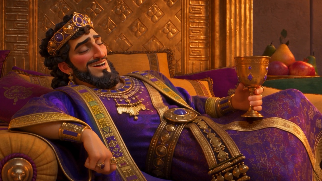 Belshazzar sprawls on a golden couch, wine cup in hand