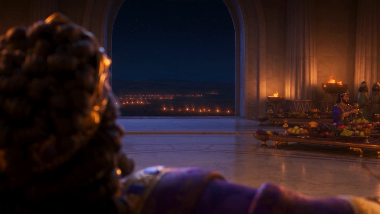 The feast hall glows, the night city beyond the arches