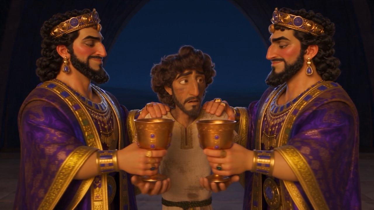 Two nobles clink cups over a bewildered servant's head