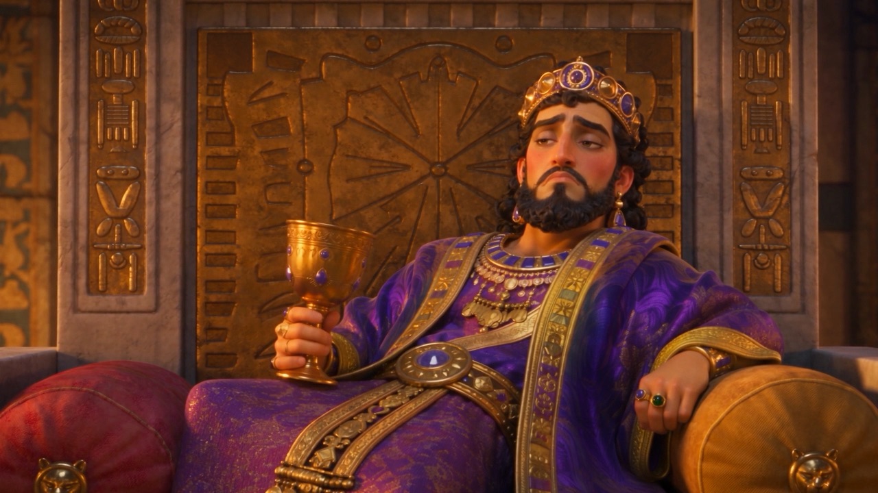 The king slumps on his throne couch, bored with his own party
