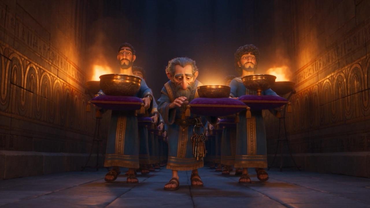 The holy vessels are carried in on purple cushions