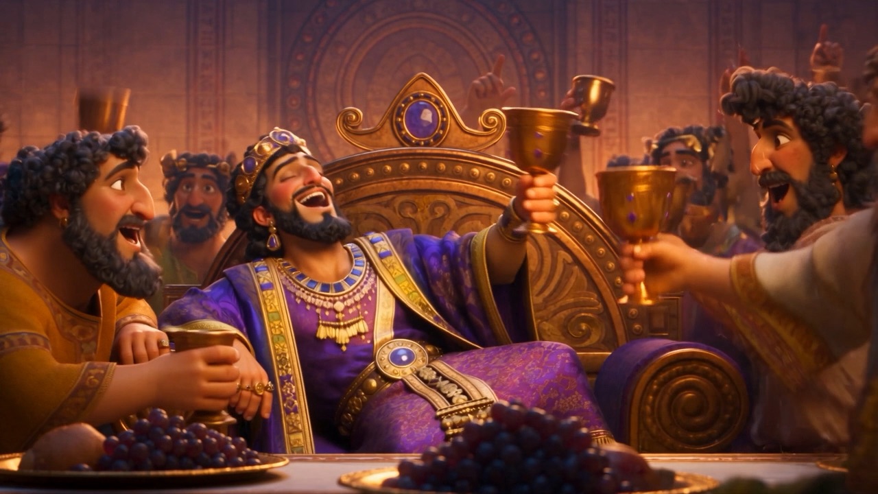 The king cackles and raises a temple cup full of wine