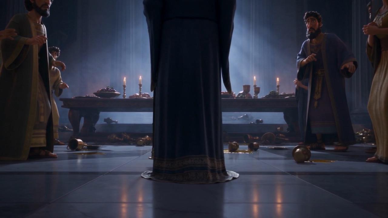 A dark figure sweeps into the ruined feast