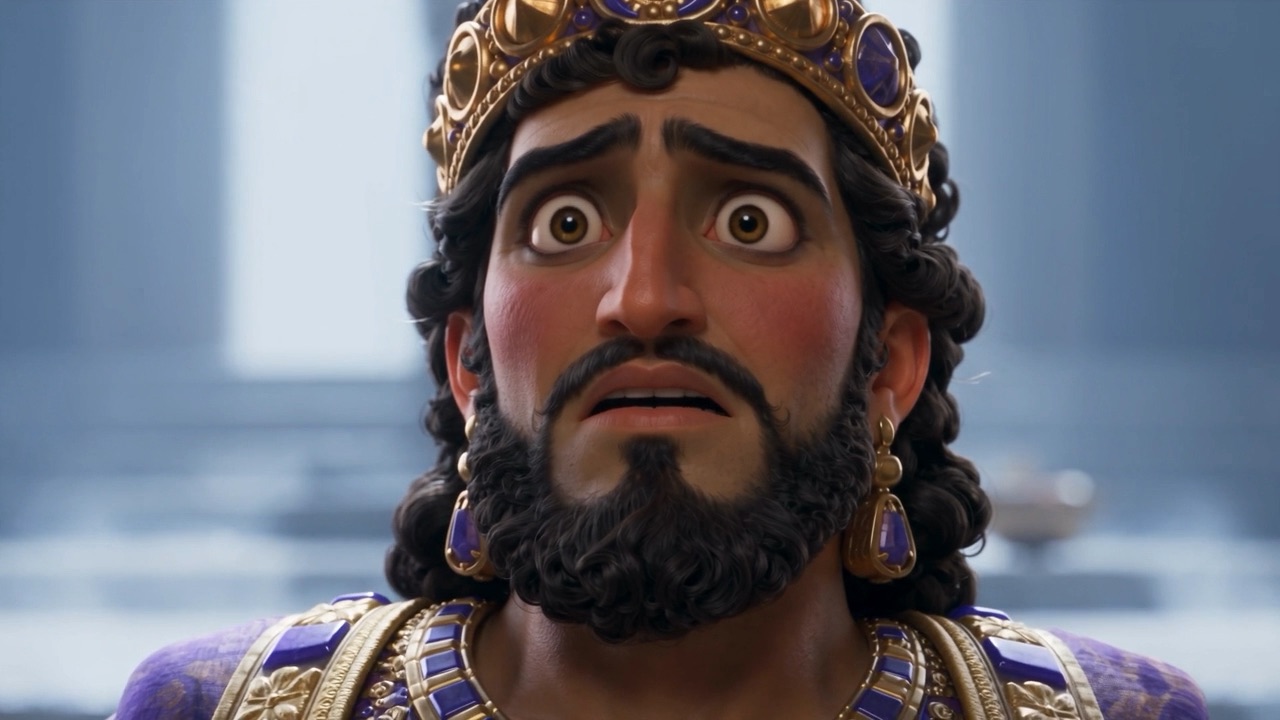 Belshazzar's face changes — his knees knock together