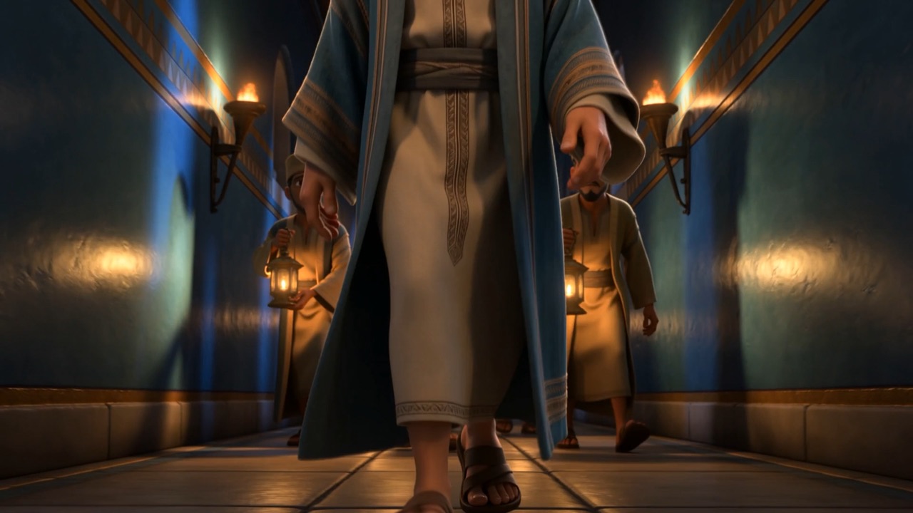 A white-robed figure walks the blue corridor between lantern bearers