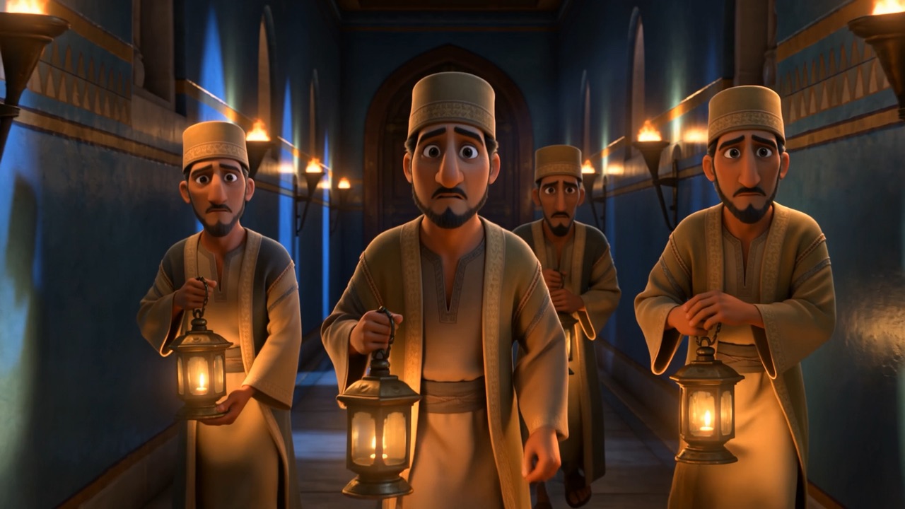 The servants' lanterns tremble; his steps do not