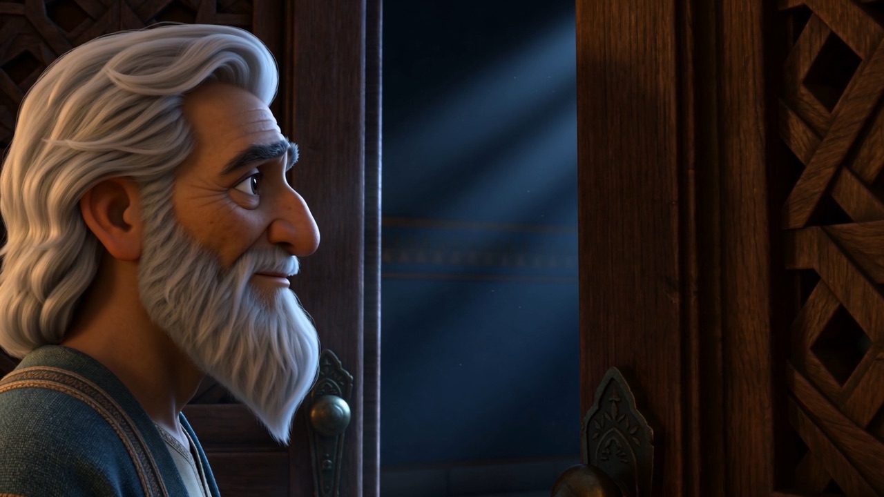 Daniel — white-haired now, very old — at the feast hall door