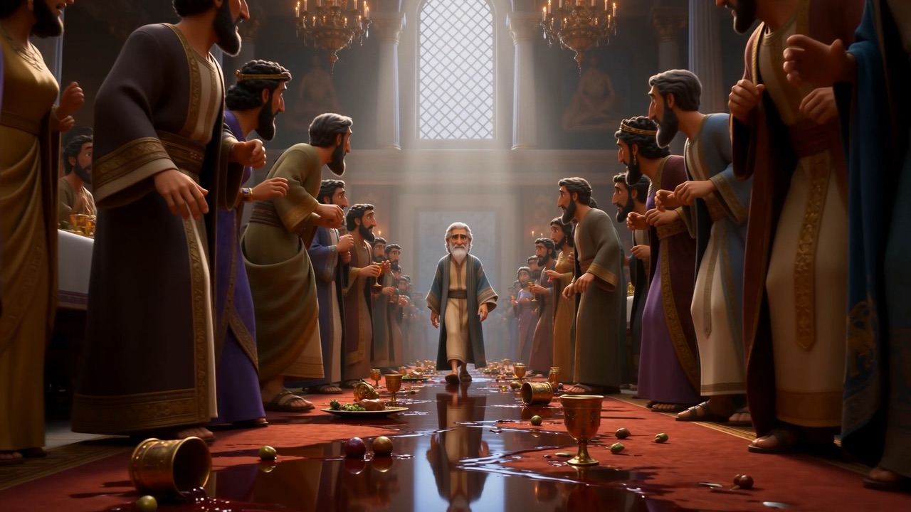 The crowd parts as the old man walks the spilled-wine carpet