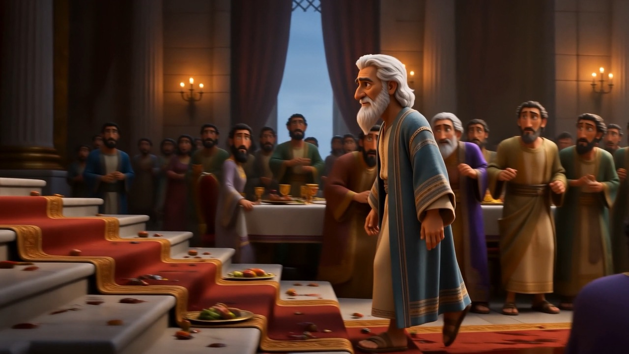 Belshazzar gestures with his cup from the throne