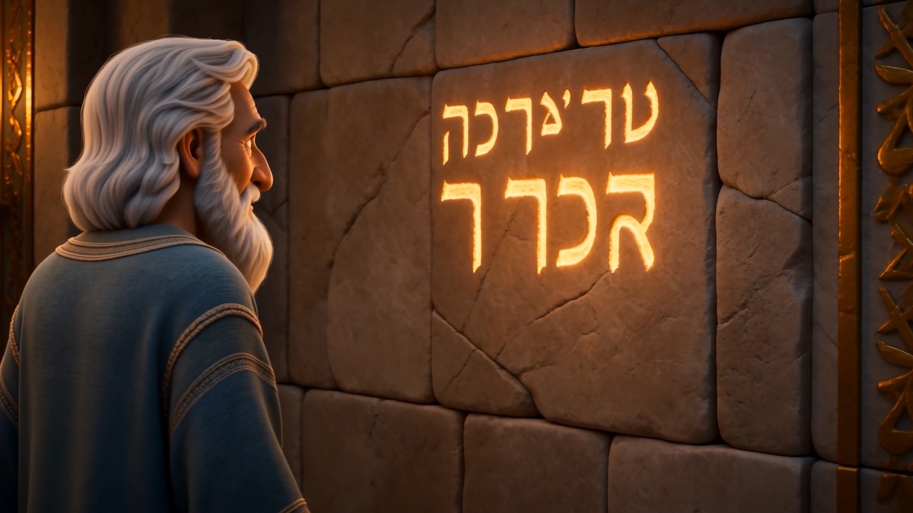 Daniel turns to the wall — letters of fire on the stone
