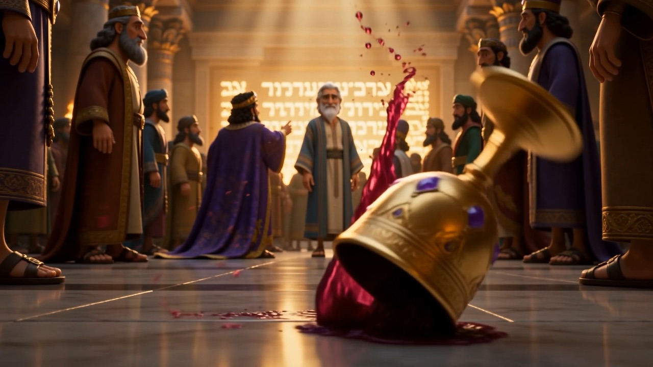 A temple cup lies toppled, wine spreading like blood