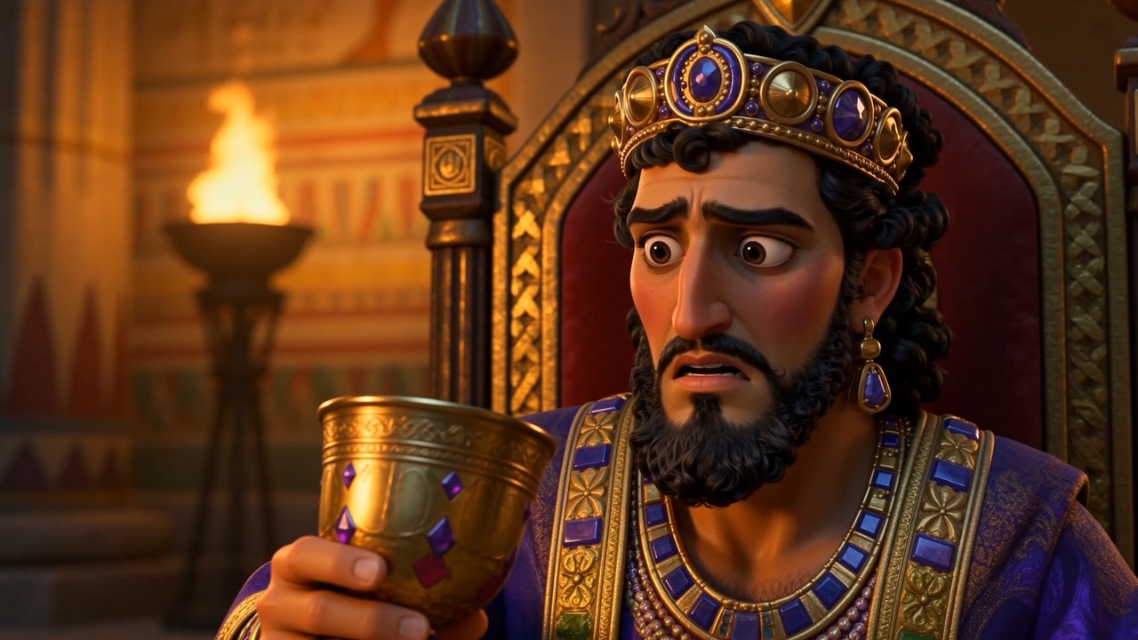 Belshazzar shrinks into his throne, cup at his lips