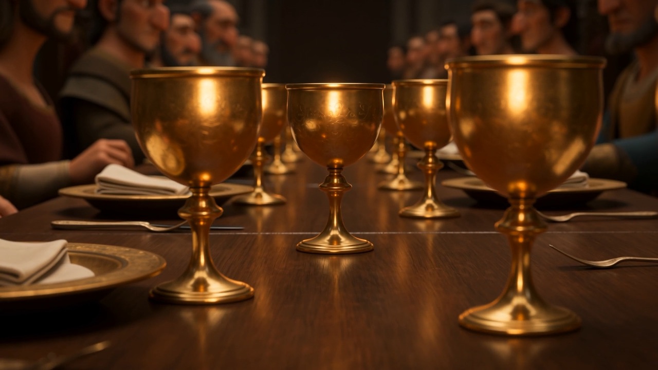Golden cups stand abandoned on the empty feast table