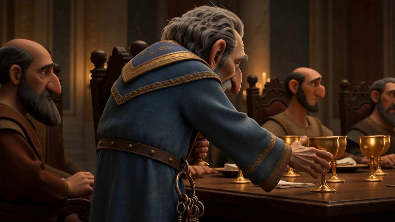 The old treasurer leans over the table, gathering them