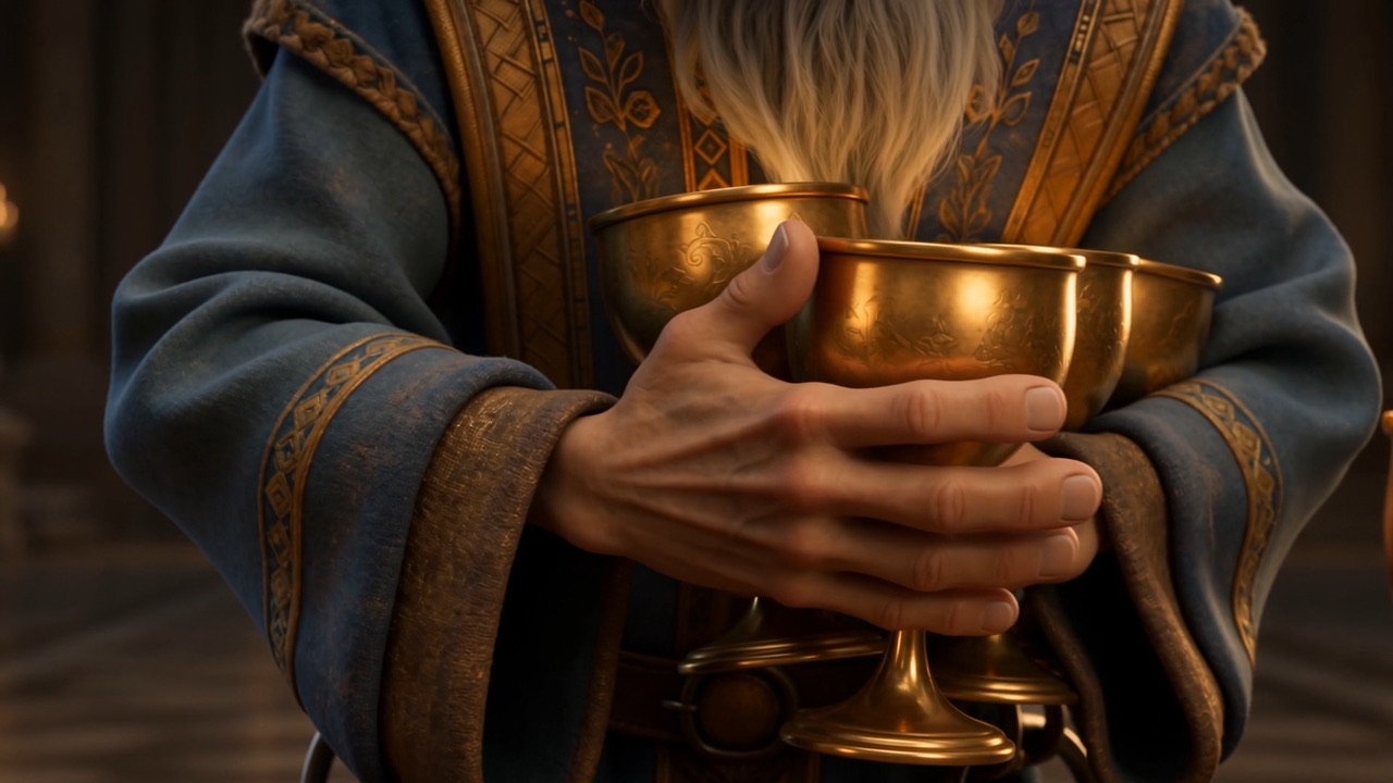 He presses the holy cups together in his arms