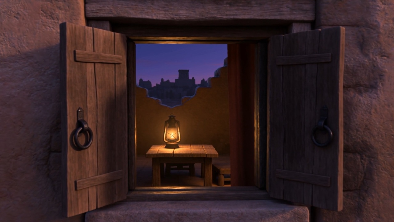 With a lamp lit behind it