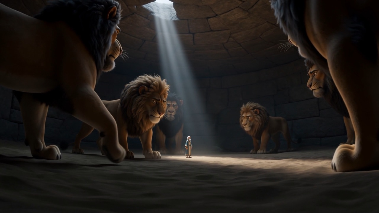 Lions slide out of the dark toward the small figure