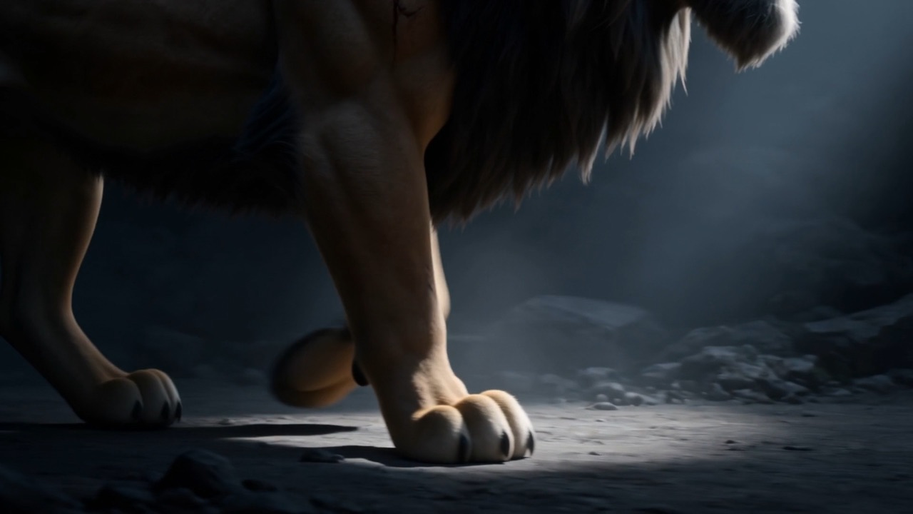 A black-maned lion, scarred and enormous, comes close