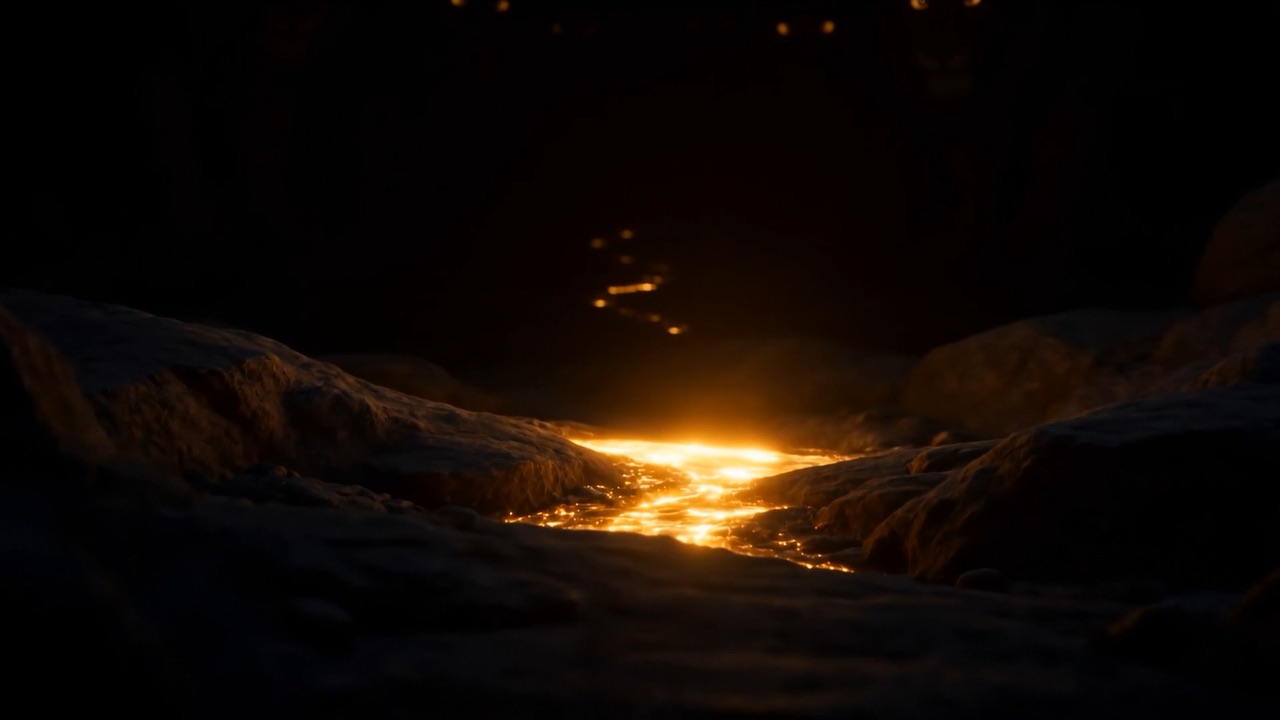 A seam of golden light opens across the den floor