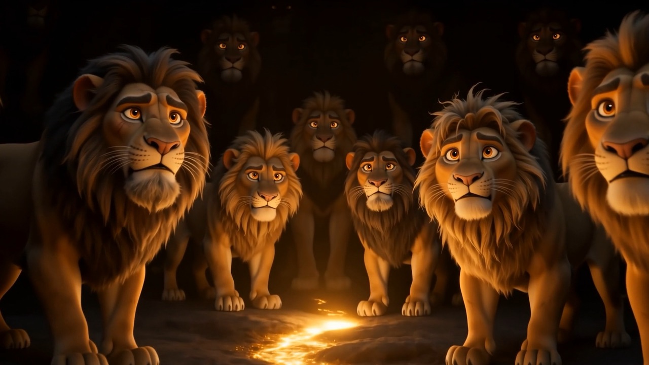 The lions lift their heads, eyes wide