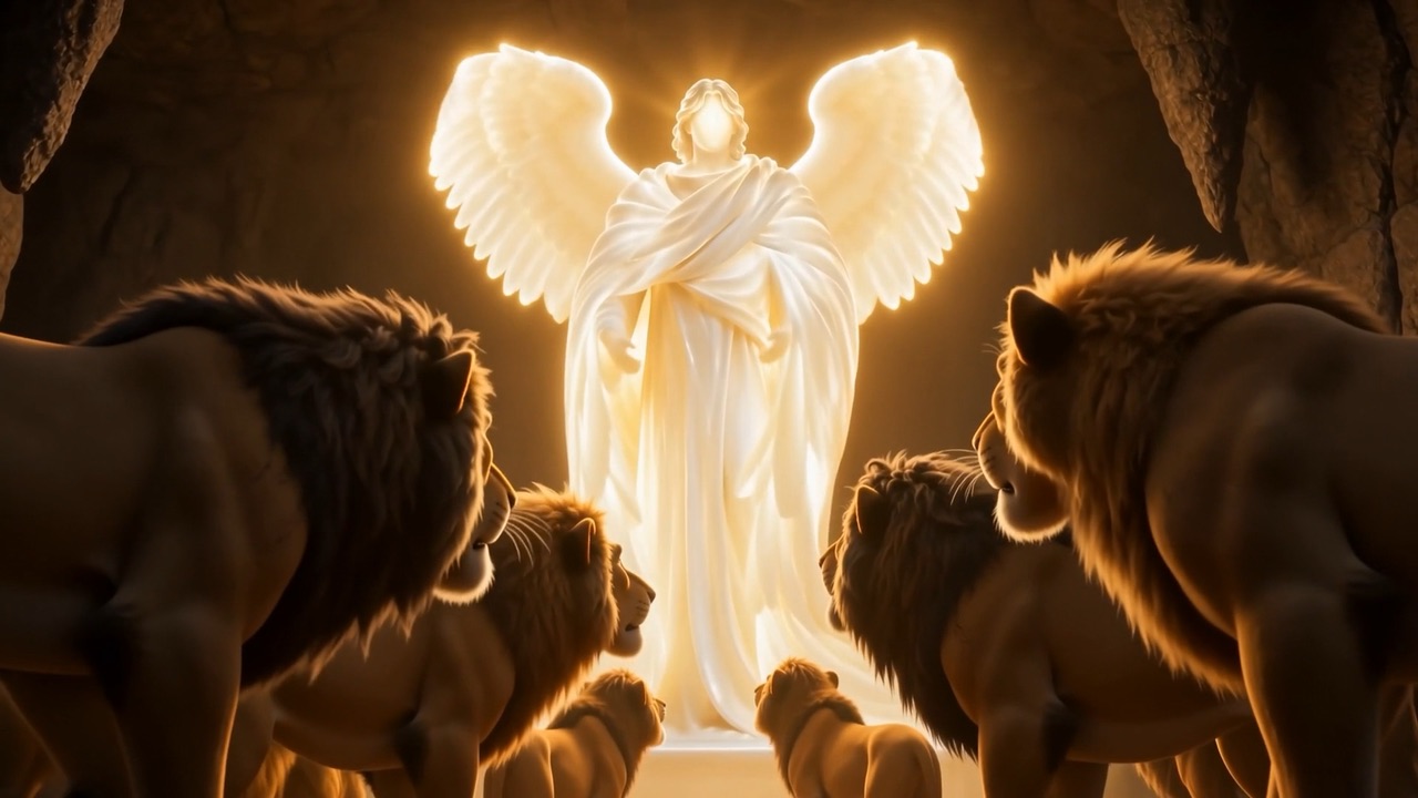A figure of white fire stands among them, wings unfolding