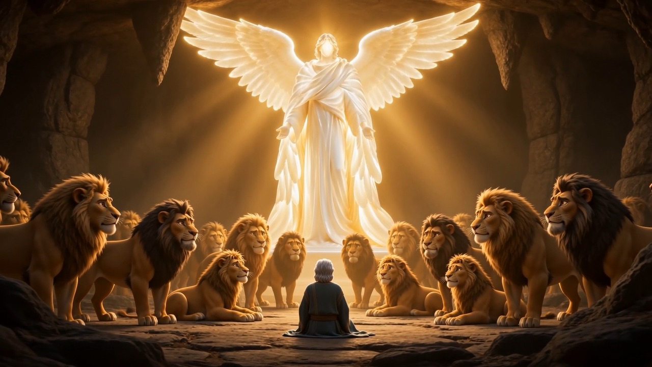 The angel stands guard in glory among the bowed lions