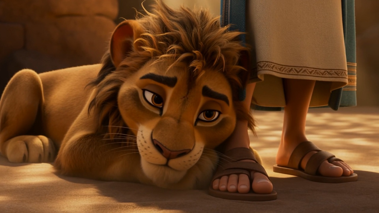 A young lion settles down on Daniel's feet like a house cat