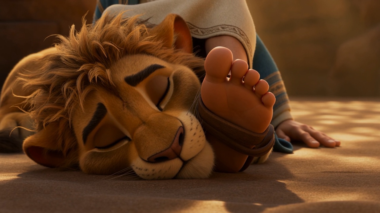 Fast asleep on the old man's sandals
