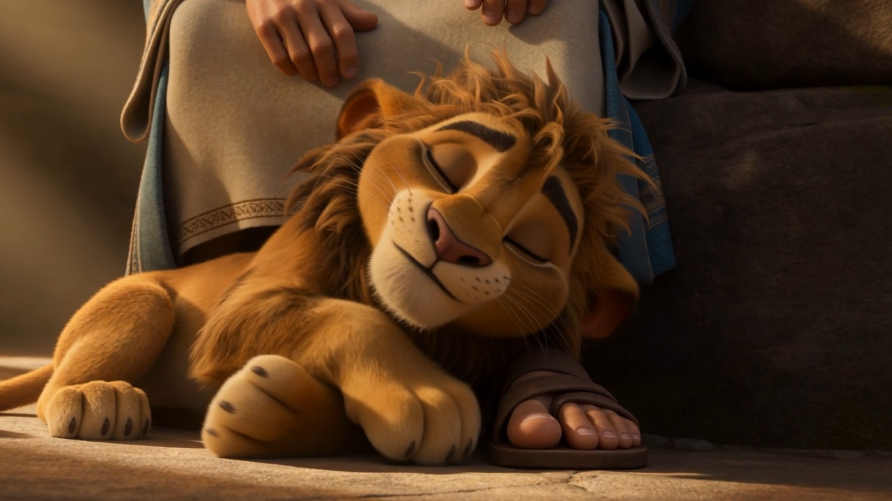 Daniel tucks his own cloak over the sleeping lion