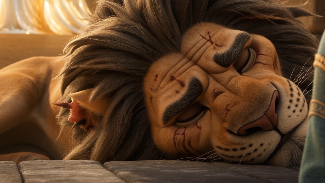 The scarred old lion sleeps beside the praying man