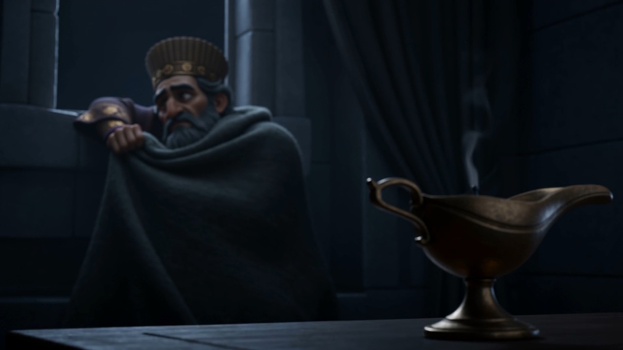 Darius huddles in a blanket, supper untouched beside him