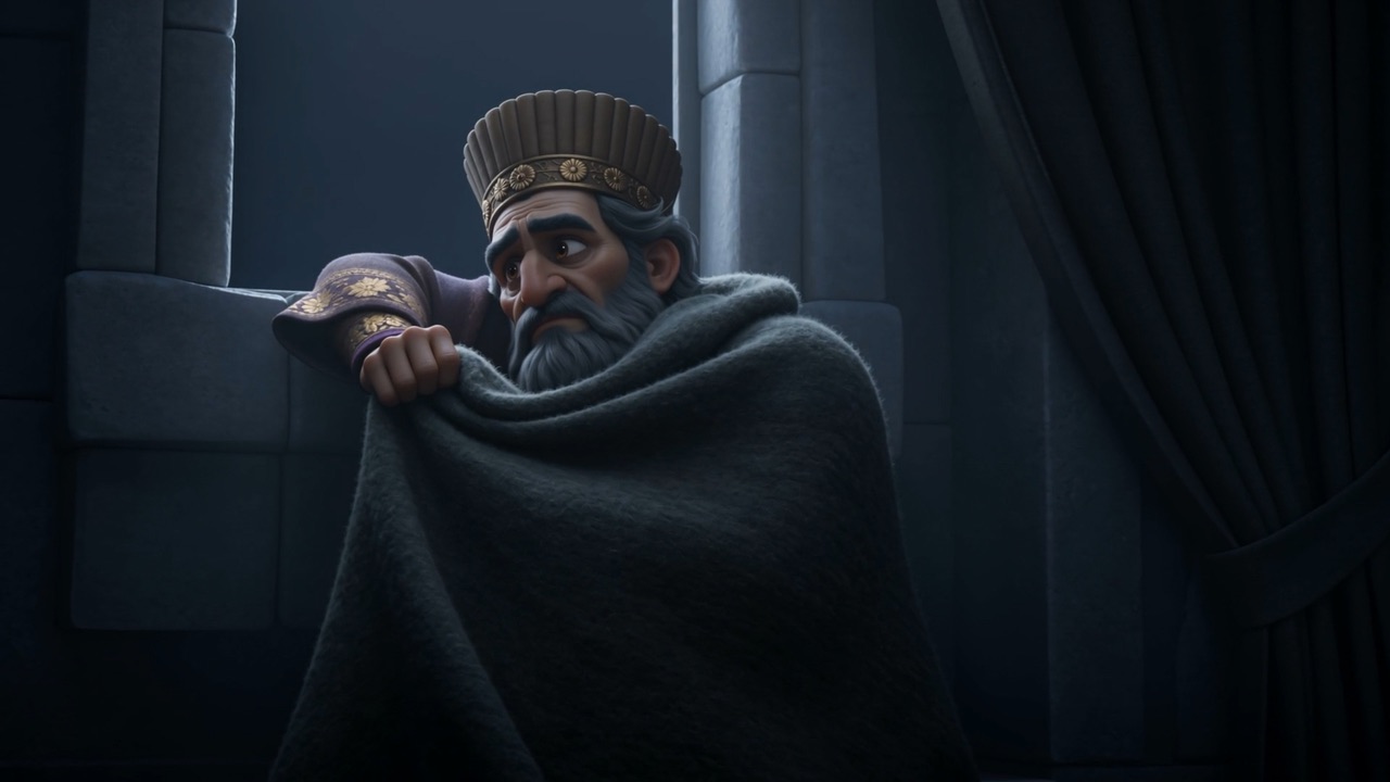 He stares at nothing, wrapped against a cold that isn't in the room