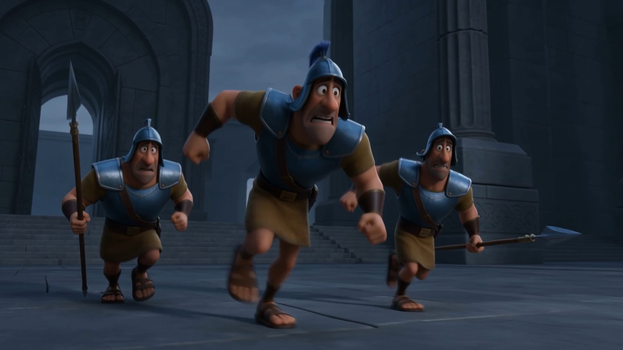 The guards scramble to keep up with the old man