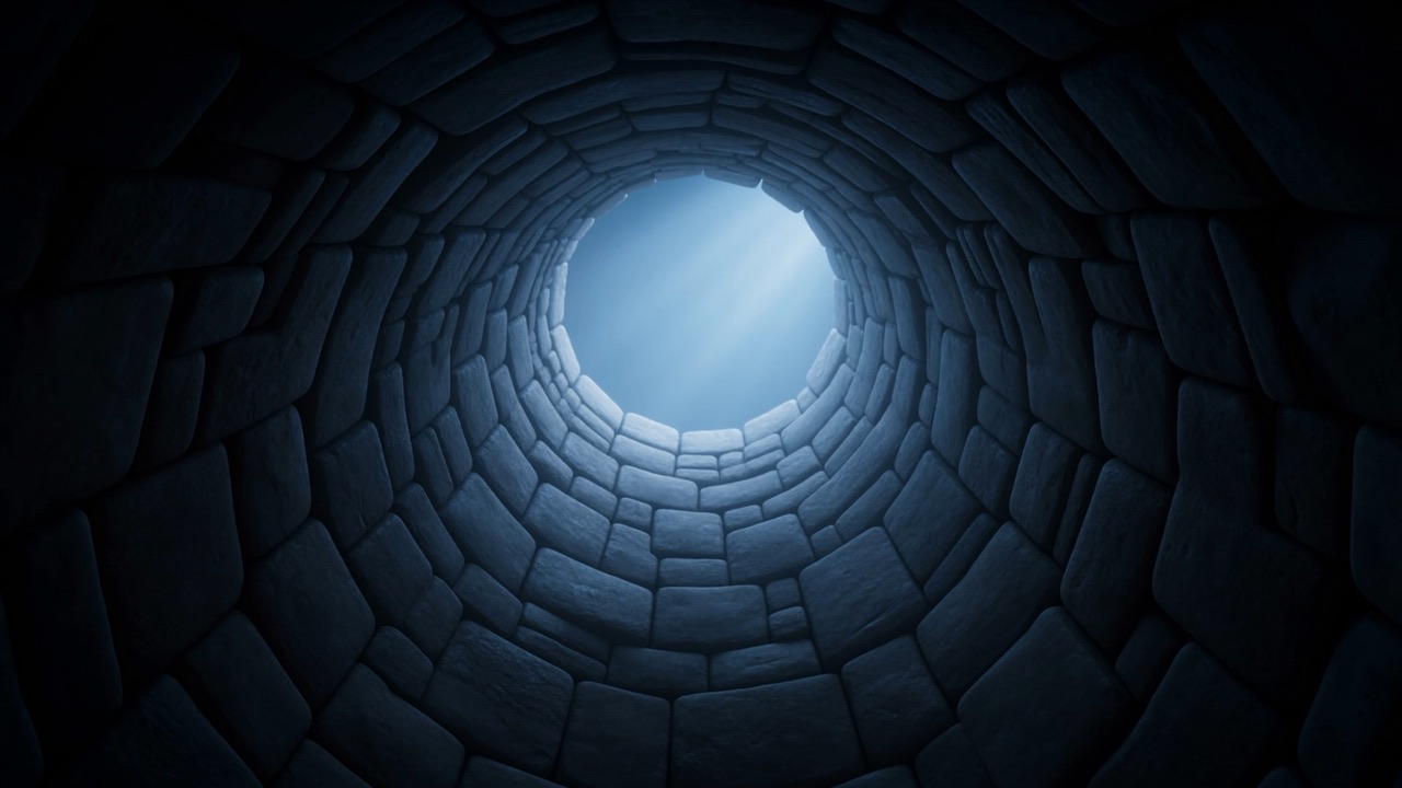 From inside the den: the round mouth opens high above