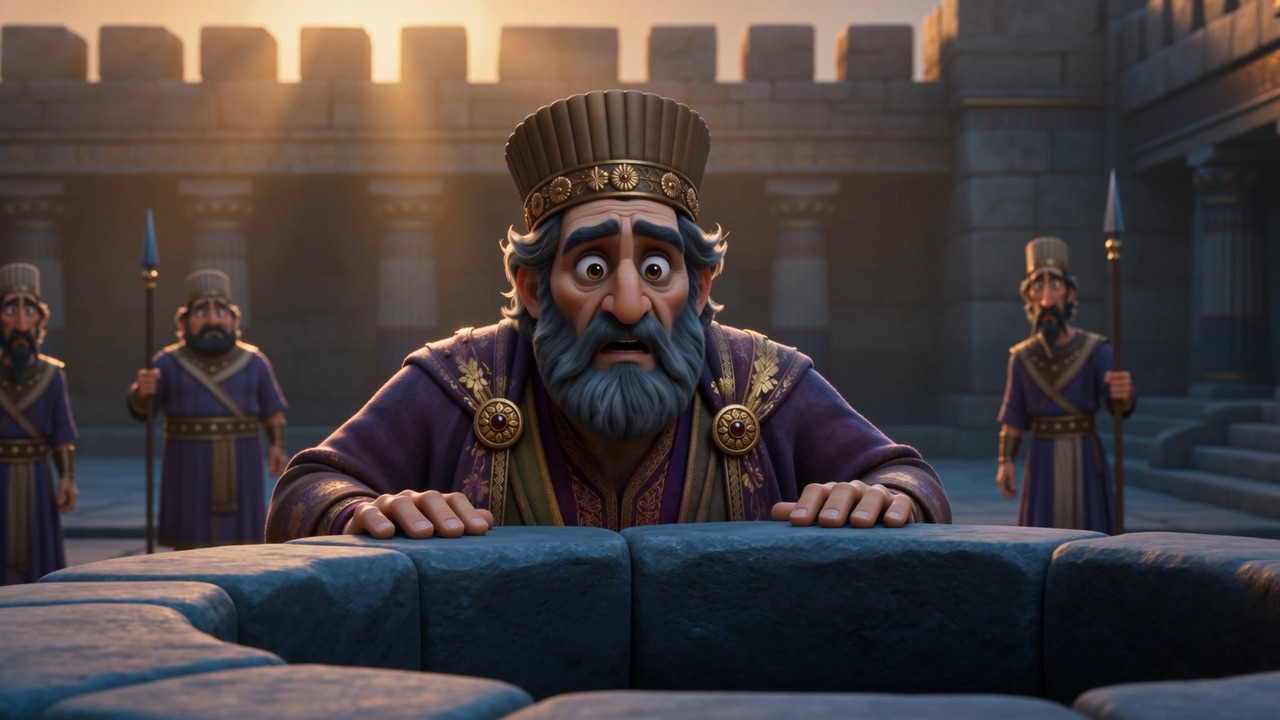 The king peers down into the dark, braced for the worst