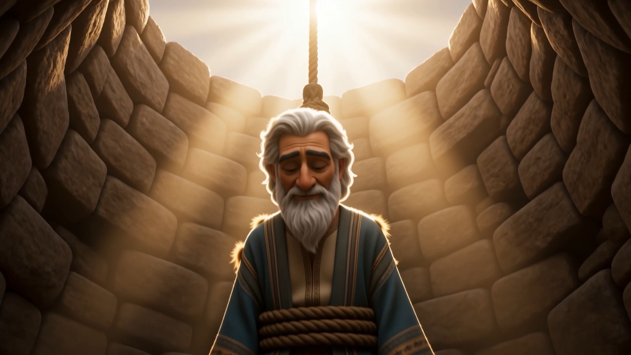 Daniel rises through the light column, rope under his arms