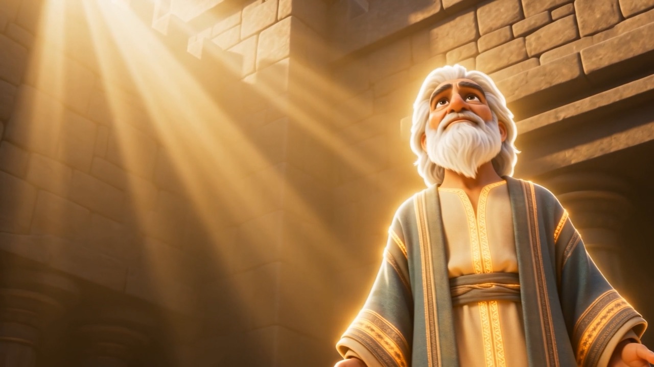 Daniel stands in the sunbeams, arms open, glowing with morning