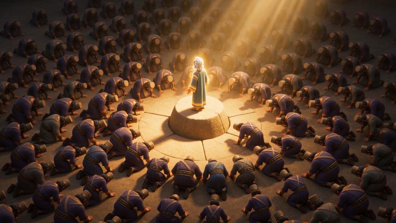 Circles of bowed heads spread out from the pit lid