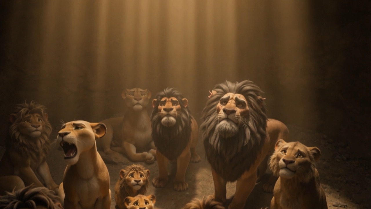 Down in the den, the lion families blink up at the light
