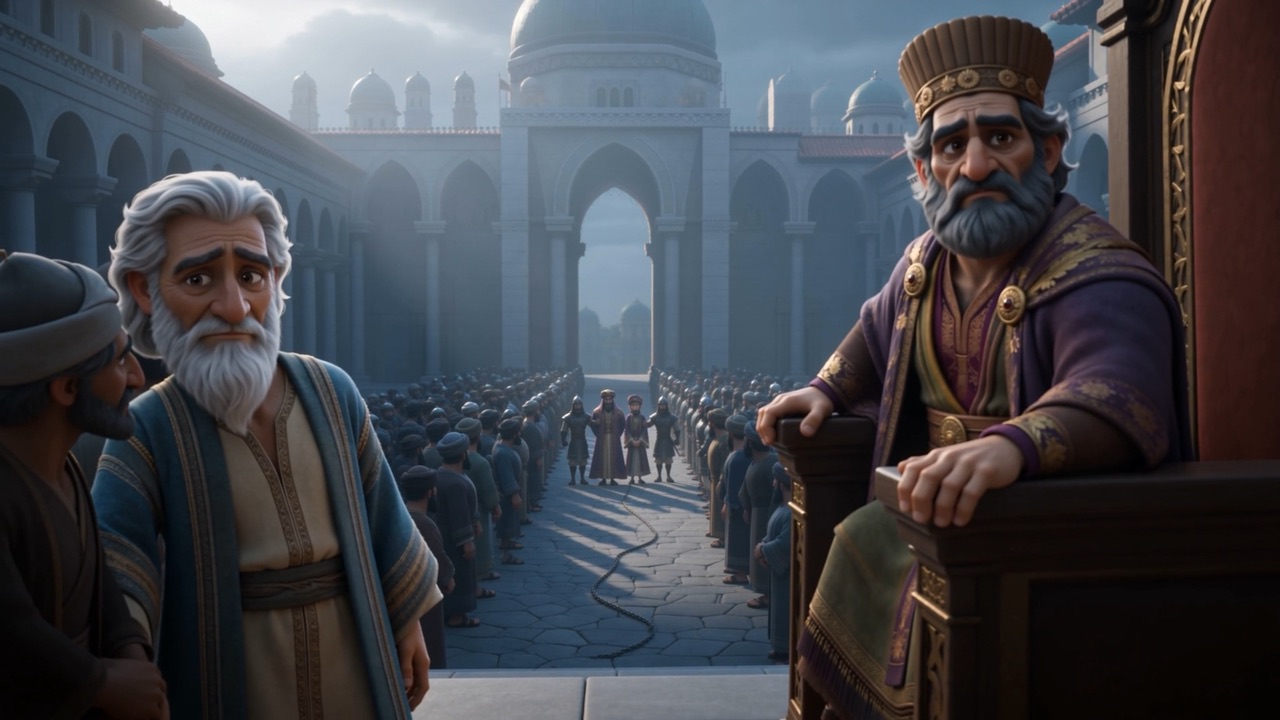 The old man's eyes are sorrowful, not satisfied