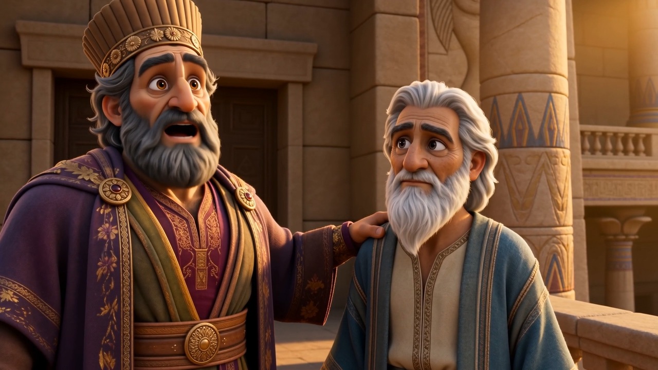 The king's hand rests on the old exile's shoulder