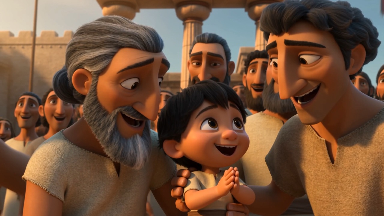 A boy on his father's shoulders laughs with the crowd