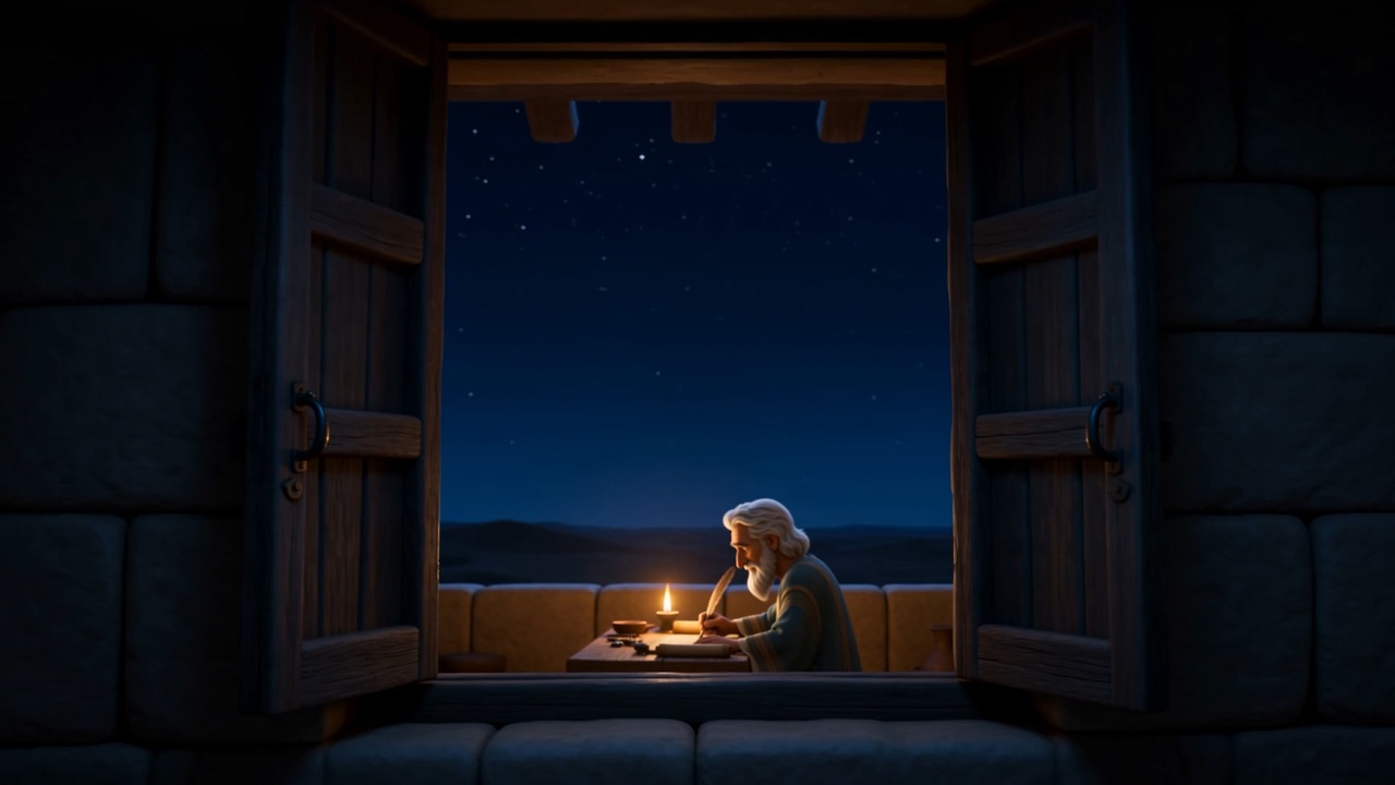 A lit window in the dark — the old man at his desk