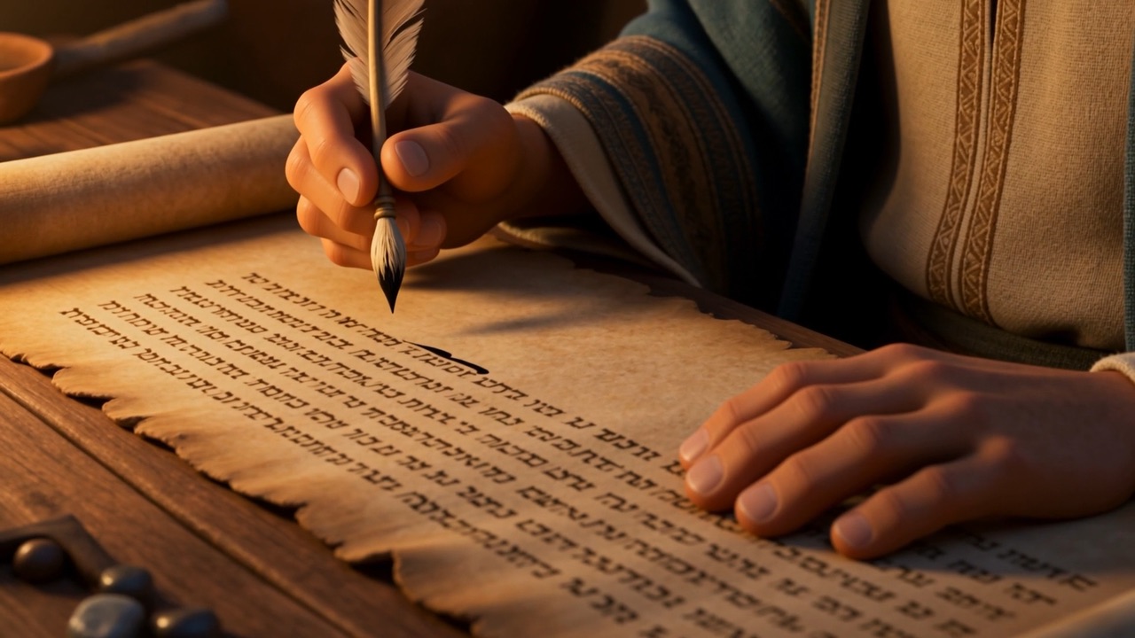 The quill moves down the page, line by careful line